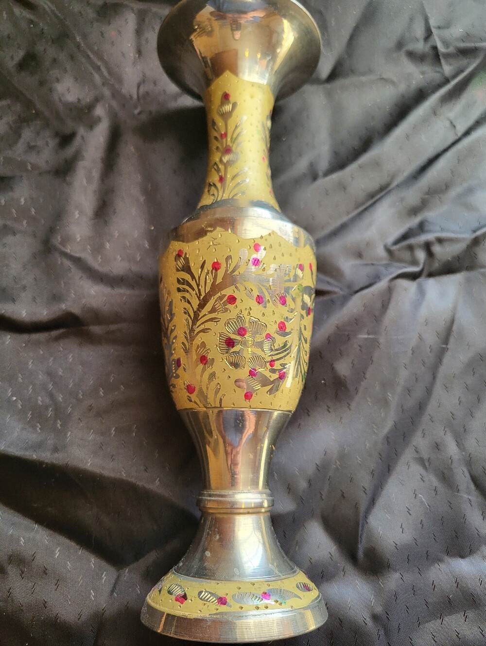 Handcrafted 10 In. Brass Etched Floral Vase in Gold And Red And Green